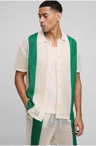 Boxy Fit Open Stitch Stripe Knitted Shirt