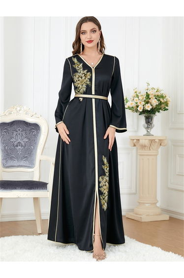 Women Black Graphic Patch Detail Belted Jalabiya