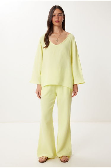 Women's Yellow Muslin Blouse Trouser Set
