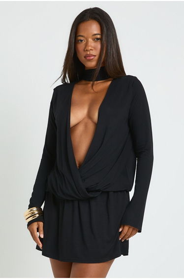 Marl Scarf Detail Wrap Skater Dress - black