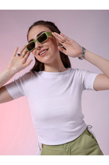 Women White Ribbed Ruched Top