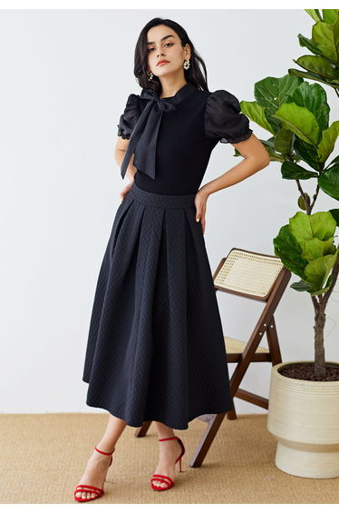 Short Sleeve Detachable Bowknot Spliced Knit Top in Black