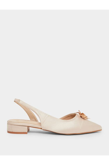 Women Beige Satin Slingback Shoes with Floral Detail