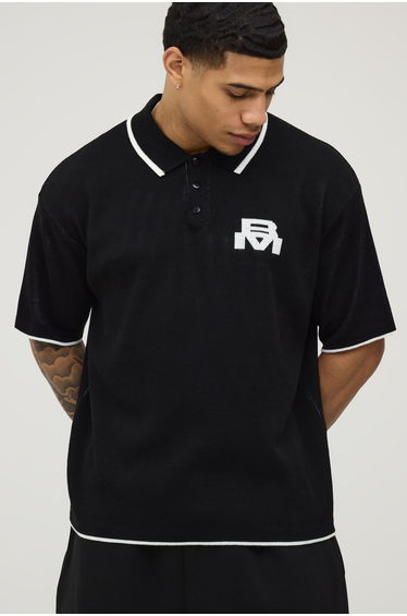 Oversized Moto Graphic Knitted Polo - black