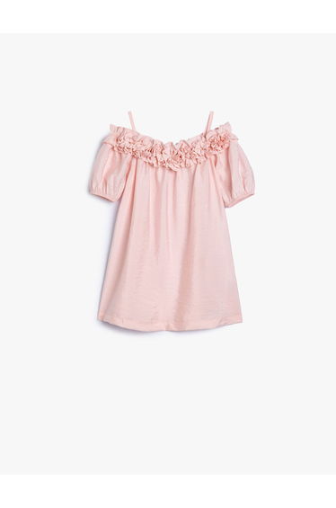 Off Shoulder Straps Short Sleeve Floral Applique Dress