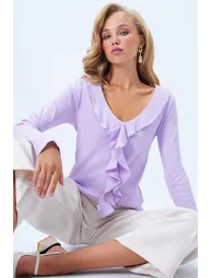 Women's Lilac V-Neck Front Ruffle Detailed Knitted Blouse