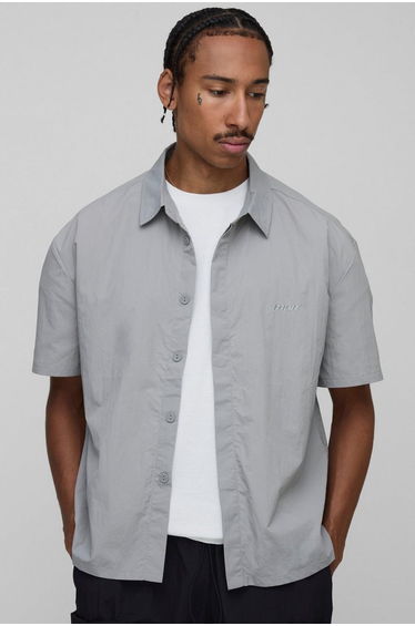 Oversized Concealed Placket Crinkle Short Sleeve Shirt - light grey