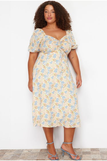 Plus Floral Ruched Column Midi Dress
