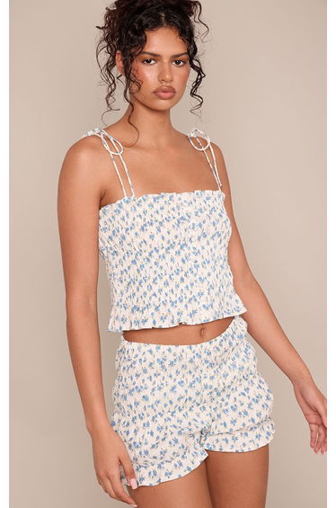 Baby Blue Ditsy Floral Cotton Ruched Shorts Co-ord