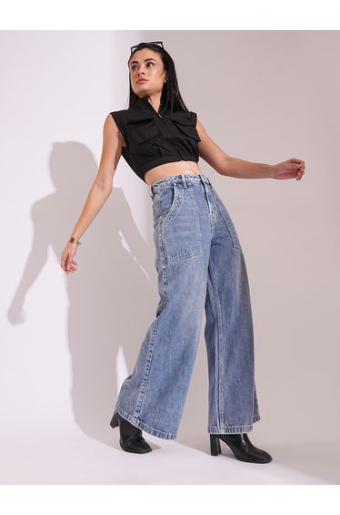 Light Blue Cotton Wide Leg Faded Jeans