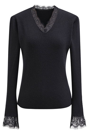 V-Neck Lace Trim Bell Sleeve Knit Top in Black