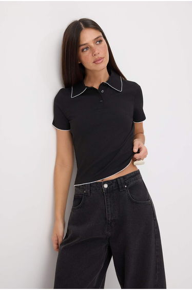 Black Plain Fitted Polo Collar Standard Sleeve Short Long Cotton of Stretchy Knitted T-Shirt
