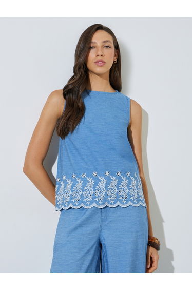 Blue Cotton Embroidered Hem Top