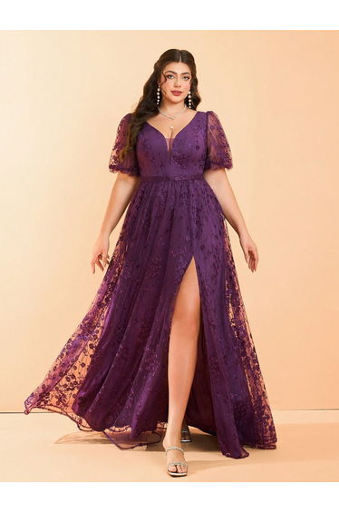 Leely Women's Elegant Purple Puff Sleeve Lace A-Line Split Dress