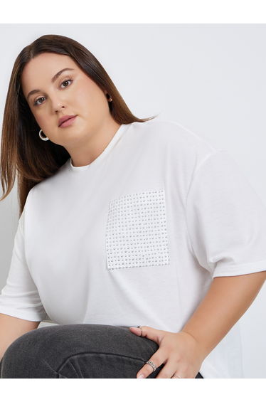 Plus Size White Studded Pocket Detail T-Shirt