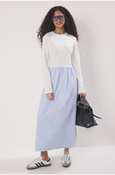 Blue Unlined Striped Knitted Woven Fabric Skirted Jersey Hijab Dress