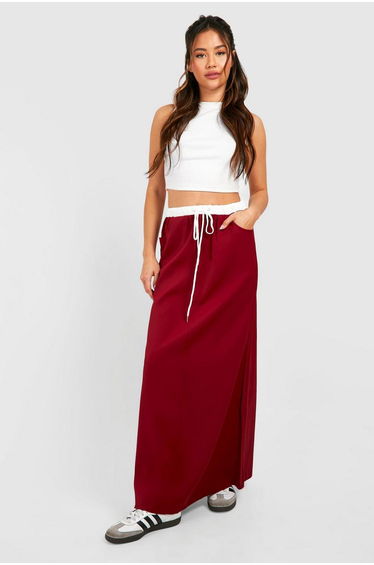 Waistband Detail Maxi Skirt - cherry
