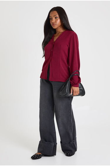 Hammered Volume Sleeve Fitted Blouse - wine