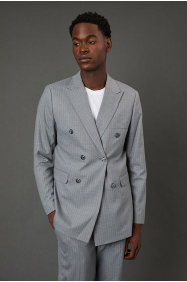 Grey Pinstripe Double Breasted Blazer