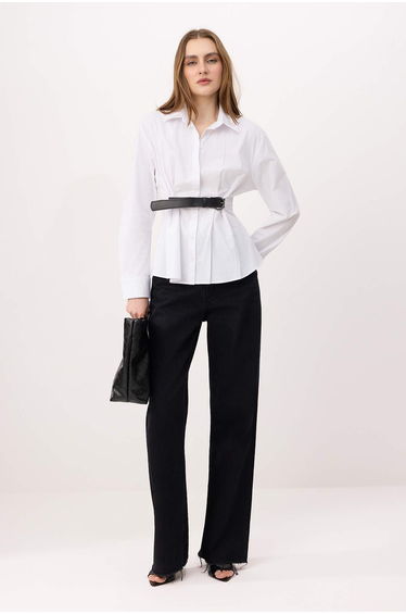 White Faux Leather Belt Detailed Pleated Shirt
