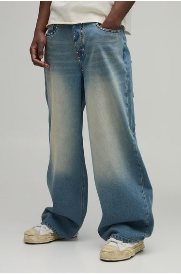 Tall Rhinestone Trim Multi Pocket Baggy Jeans - vintage blue