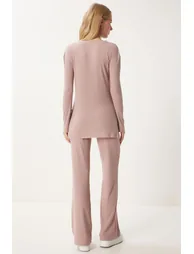 Women's Powder Comfortable Ribbed Knitted Blouse Trousers Set - 11