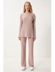Women's Powder Comfortable Ribbed Knitted Blouse Trousers Set - 2