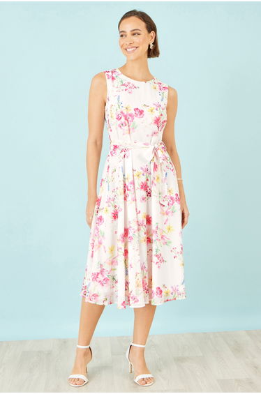 Yumi White Delicate Floral Midi Skater Dress