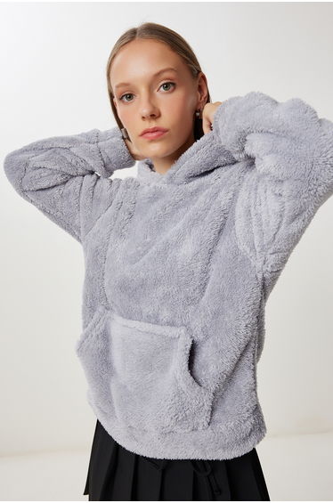 Women's Gray Hooded Pocket Fleece Sweatshirt