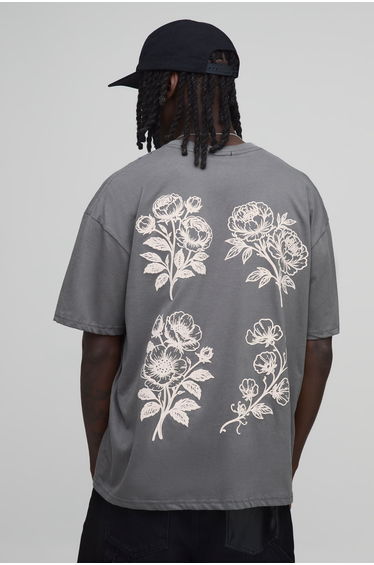 Charcoal Oversized Floral Puff Print T-Shirt - charcoal