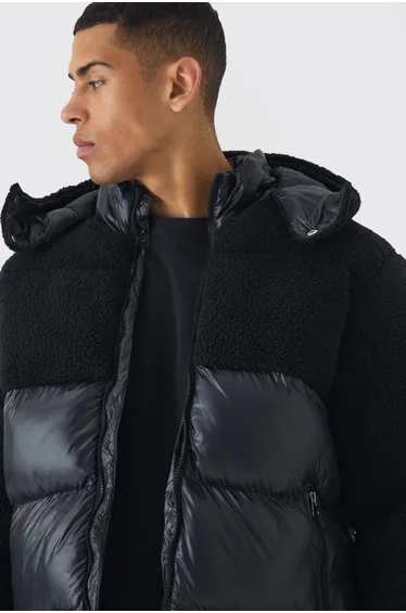 Borg and High Shine Hooded Puffer in Black - black