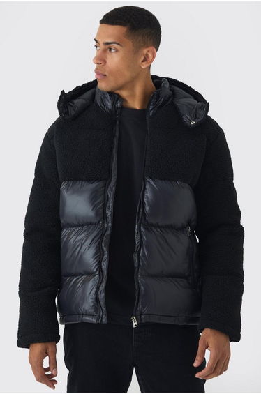 Borg and High Shine Hooded Puffer in Black - black