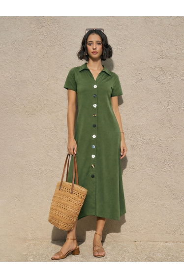 Olive Textured Button Down Midi Dress