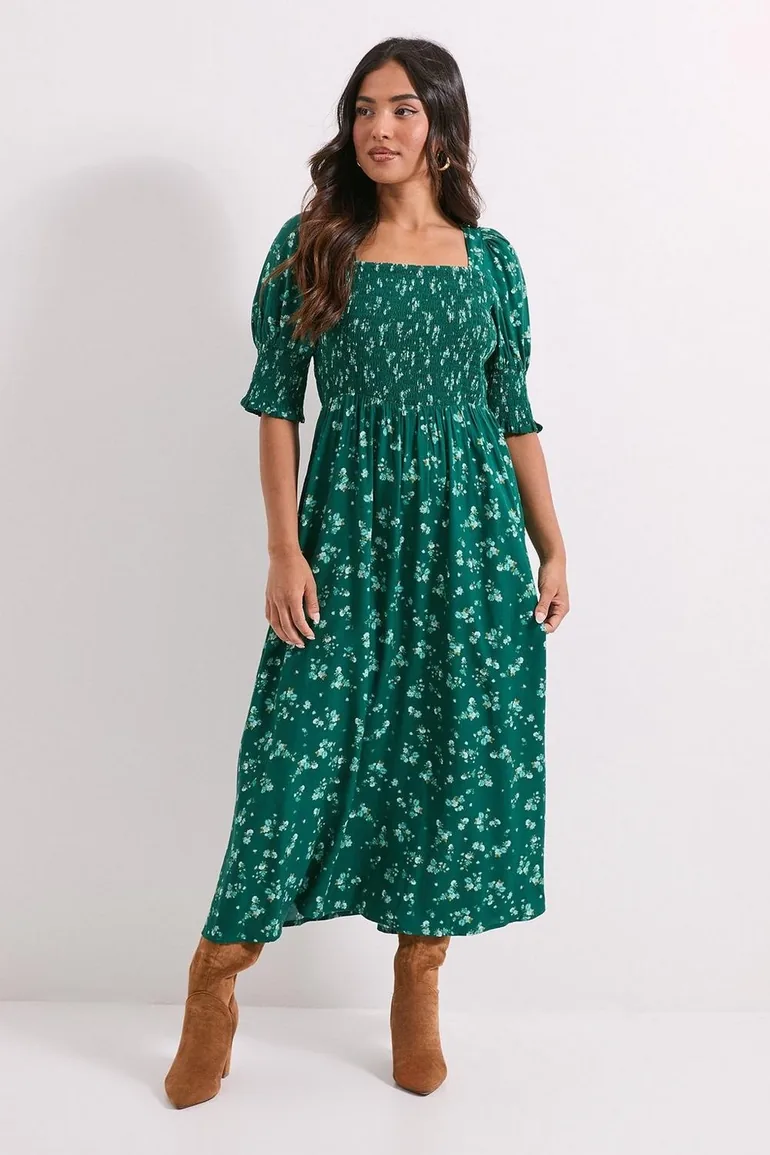 Petite Green Floral Shirred Bodice Puff Sleeve Square Neck Midi Dress  Dorothy Perkins Multicolour : Dresses : VogaCloset Oman
