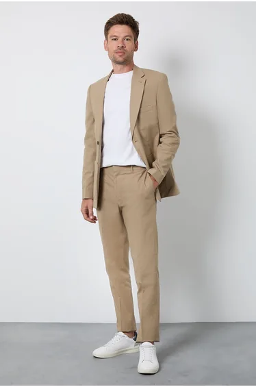 Dark Beige Linen Slim Fit Suit Trousers