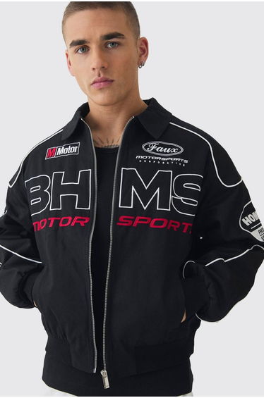 Boxy Badge Twill Moto Jacket In Black - black