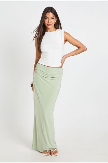 Ruched Waistband Maxi Skirt - sage