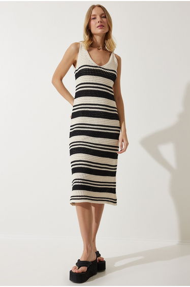 Women's Cream Black Strappy Striped Summer Knitwear Dress