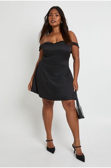 Plus Satin Contrast Skater Dress - black