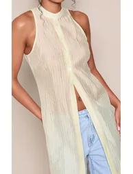 Green Light Weight Striped Woven High Neck Longline Top - 3