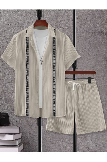 Men Grey Jacquard Detail Short Sleeve Button Front Shirt and Shorts Co-Ords