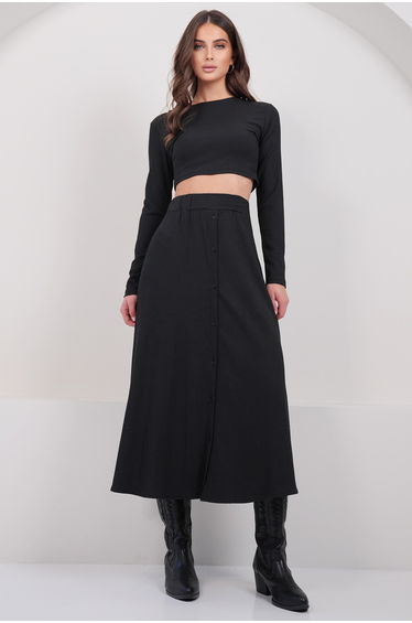 Women's Black Crew Neck Cropped Blouse and Maxi Skirt Set