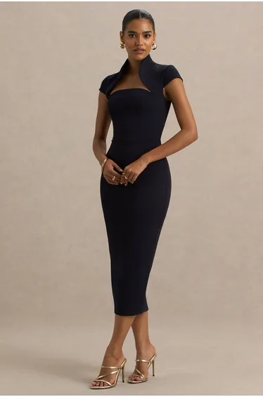 Elsie | Navy Cut-Out Neck Midi Dress With Short Sleeves