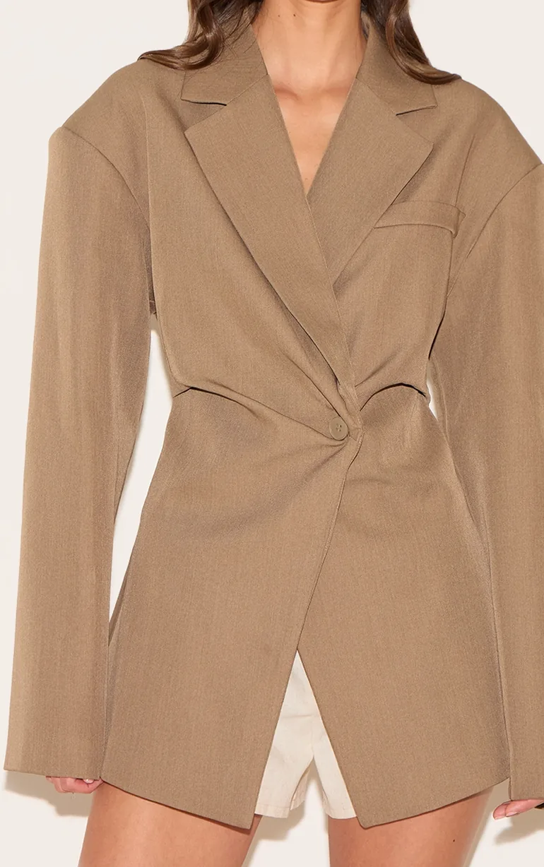 Taupe Tailored Cinched Waist Blazer - 3