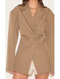 Taupe Tailored Cinched Waist Blazer - 3