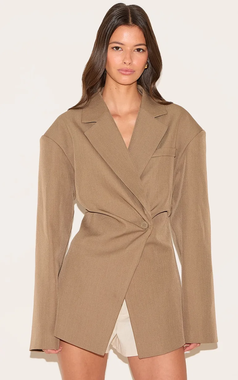 Taupe Tailored Cinched Waist Blazer