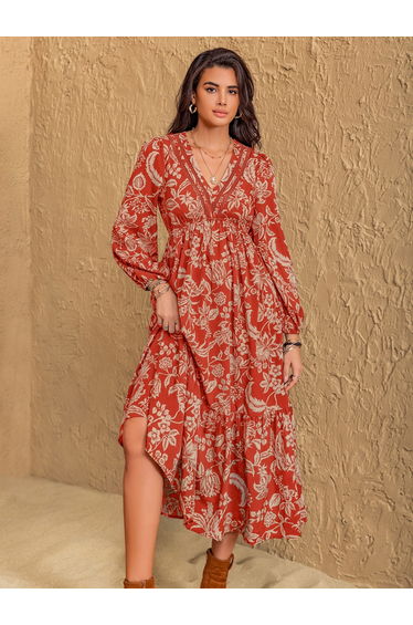 Women Rust Floral Print Tiered Midi Dress