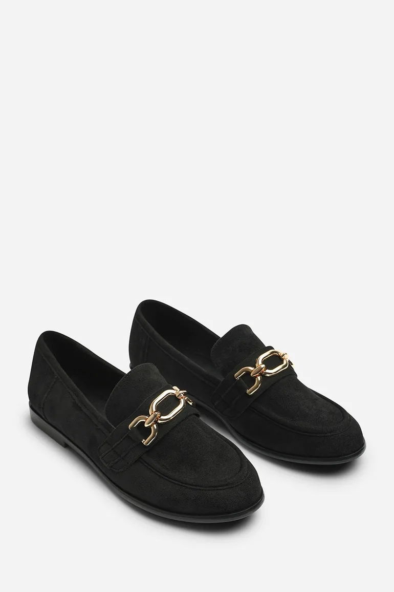 Lettie Wide Fit Chain Trim Detail Flat Loafers in Black Suede - 3