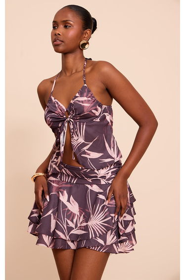 Brown Floral Printed Split Hem Halterneck Cami Top