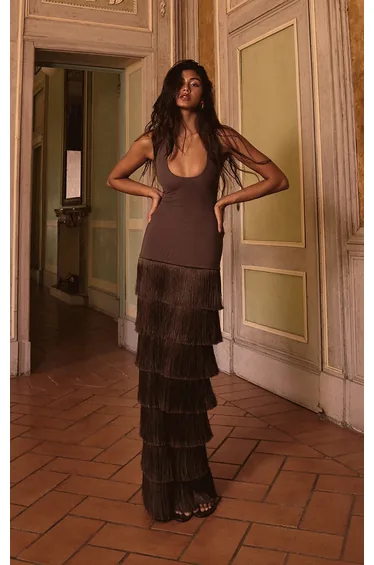 PLT Label Dark Chocolate Mesh Fringe Skirt Maxi Dress